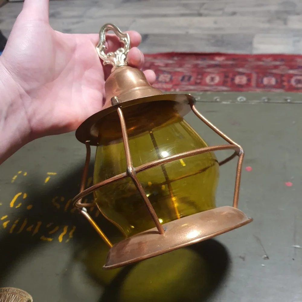 Vintage Metal Copper & Amber Glass Hanging Cage Lantern Naurical Railroad Decor